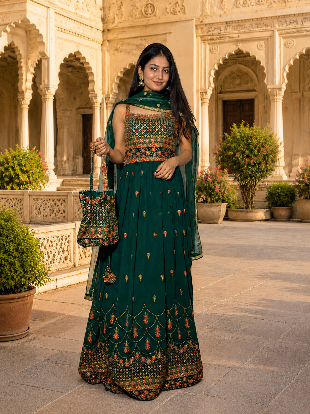 Emerald Green Embroidered Anarkali Suit Set with Dupatta & Potli Bag
