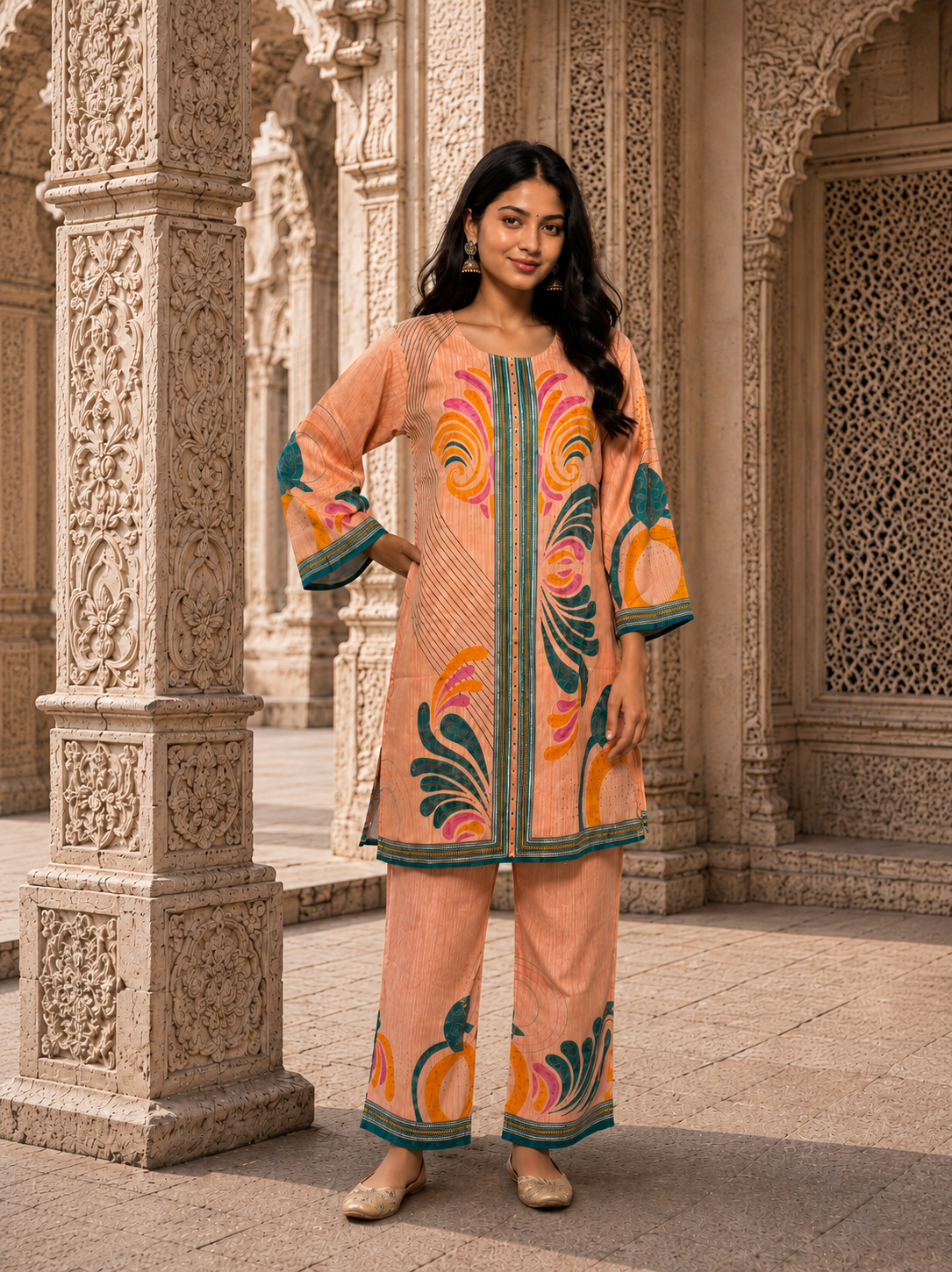 Peach Bloom Printed Kurta Palazzo Set