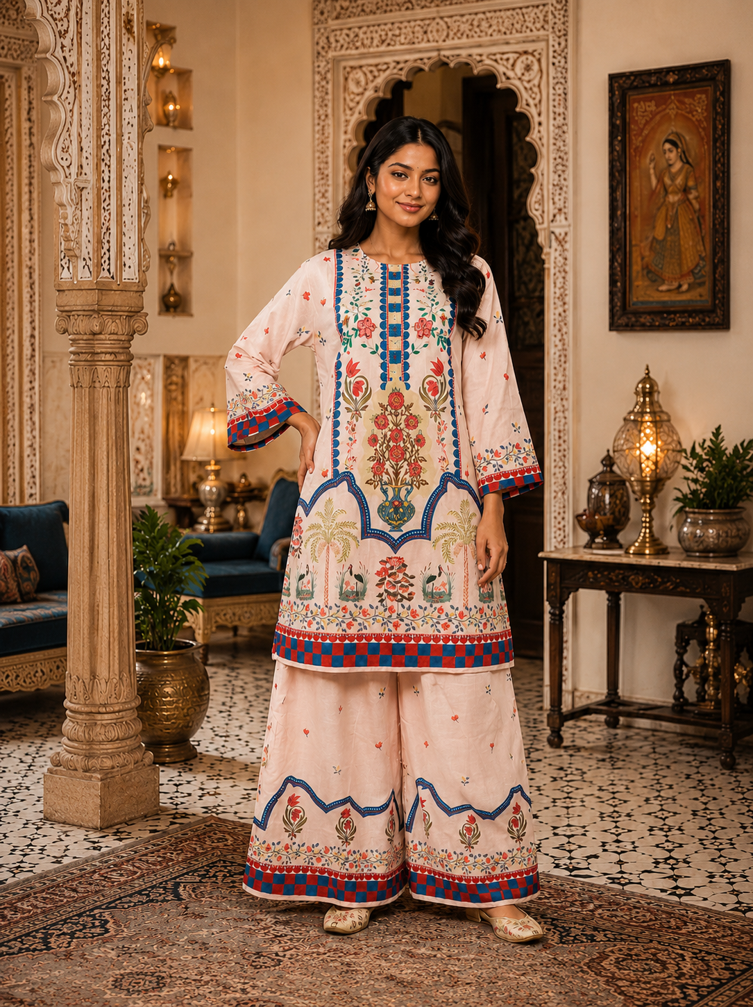 Peach Bloom Printed Kurta Palazzo Set