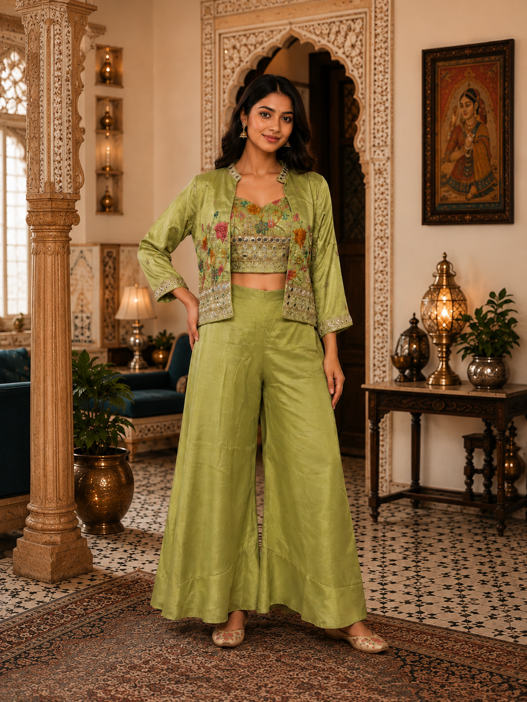 Pistachio Grace Mirror Work Indo-Western Lehenga Set with Embroidered Jacket