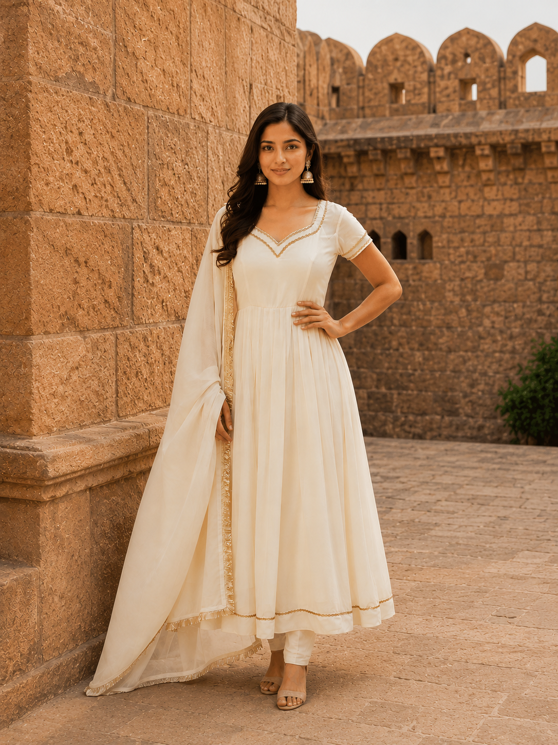 Ivory White Anarkali Suit Set with Golden Lace Detailing & Dupatta