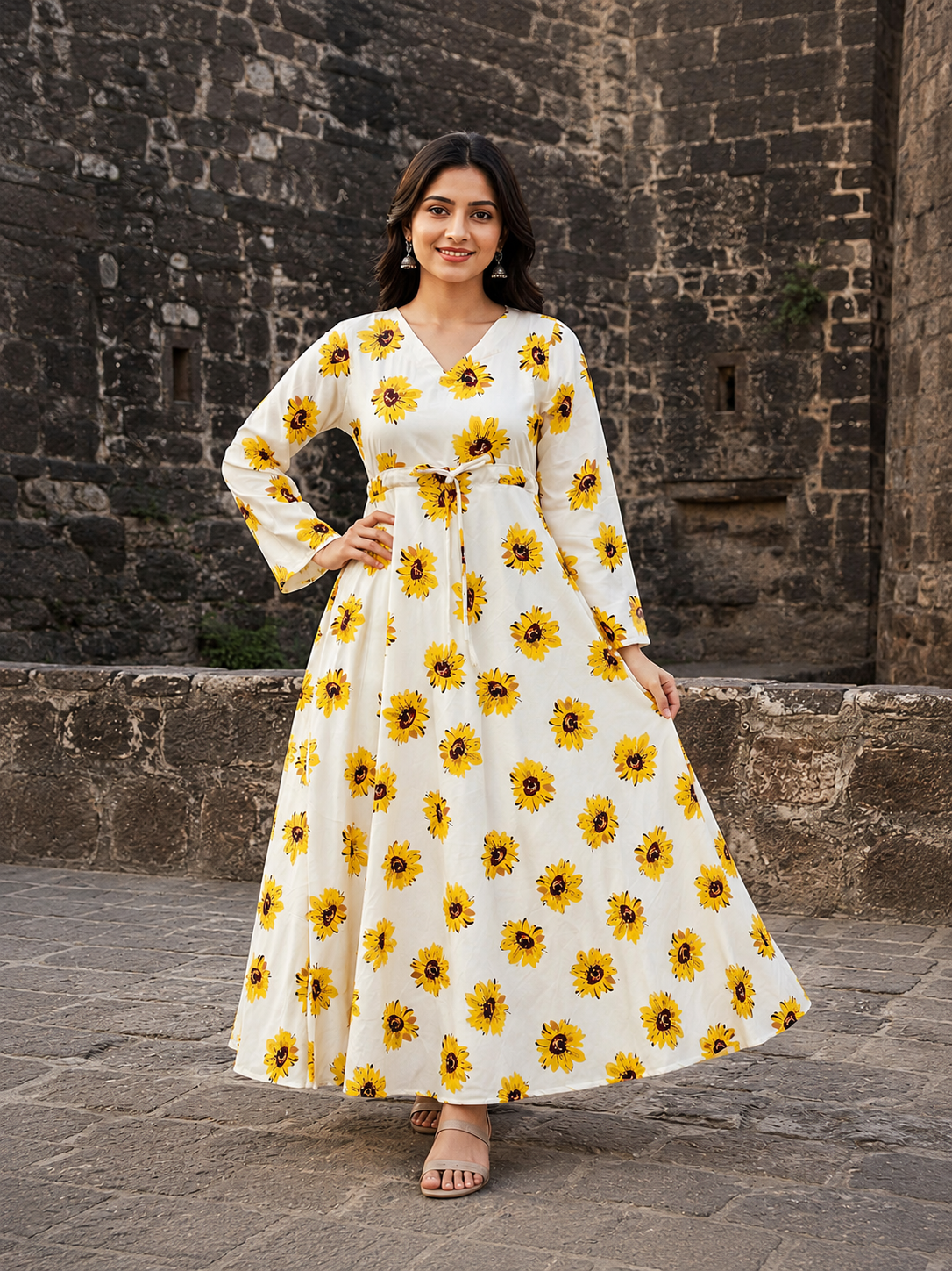 Sunflower Print White Anarkali Dress for Women | Floral A-Line Maxi Dress