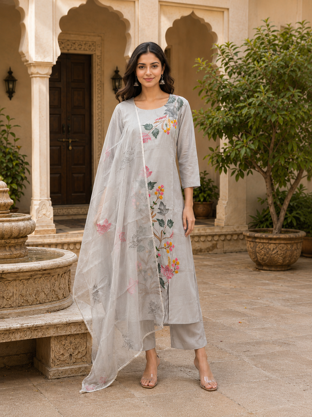 Elegant Grey Organza Dupatta Suit Set
