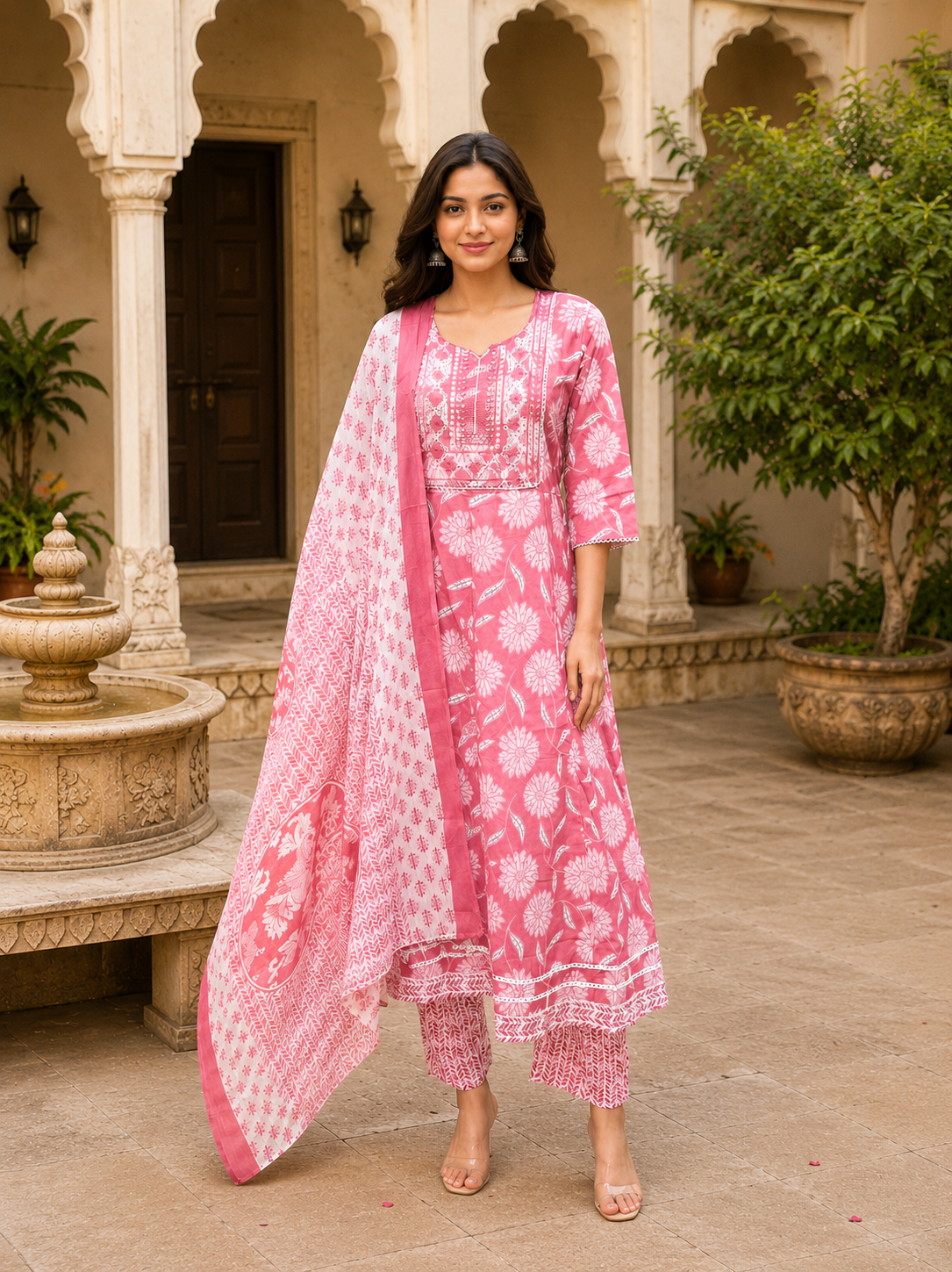 Dusty Rose Floral Printed Cotton Suit Set