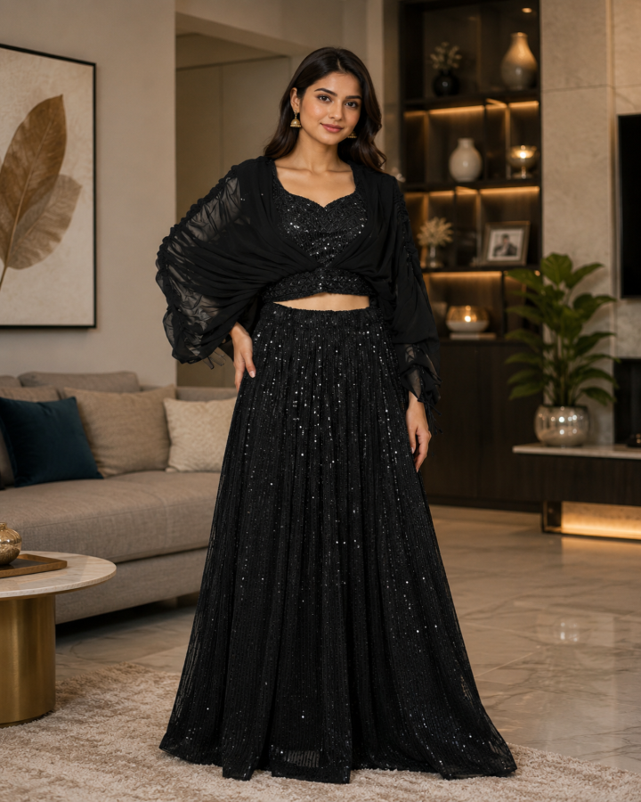 Midnight Black Sequined Lehenga Set with Draped Cape Sleeves