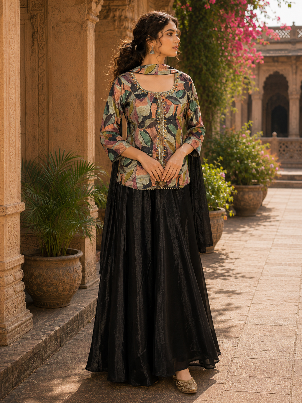 Black Abstract Print Peplum Kurti and Flared Skirt Set with Dupatta