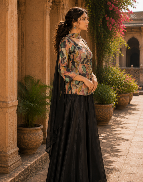 Black Abstract Print Peplum Kurti and Flared Skirt Set with Dupatta