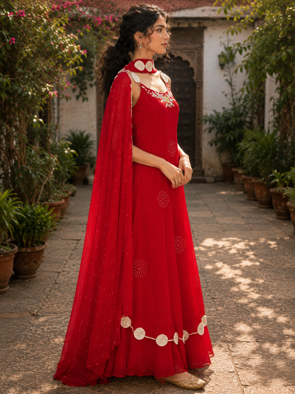 Scarlet Red Embroidered Anarkali Gown Set with Embellished Dupatta
