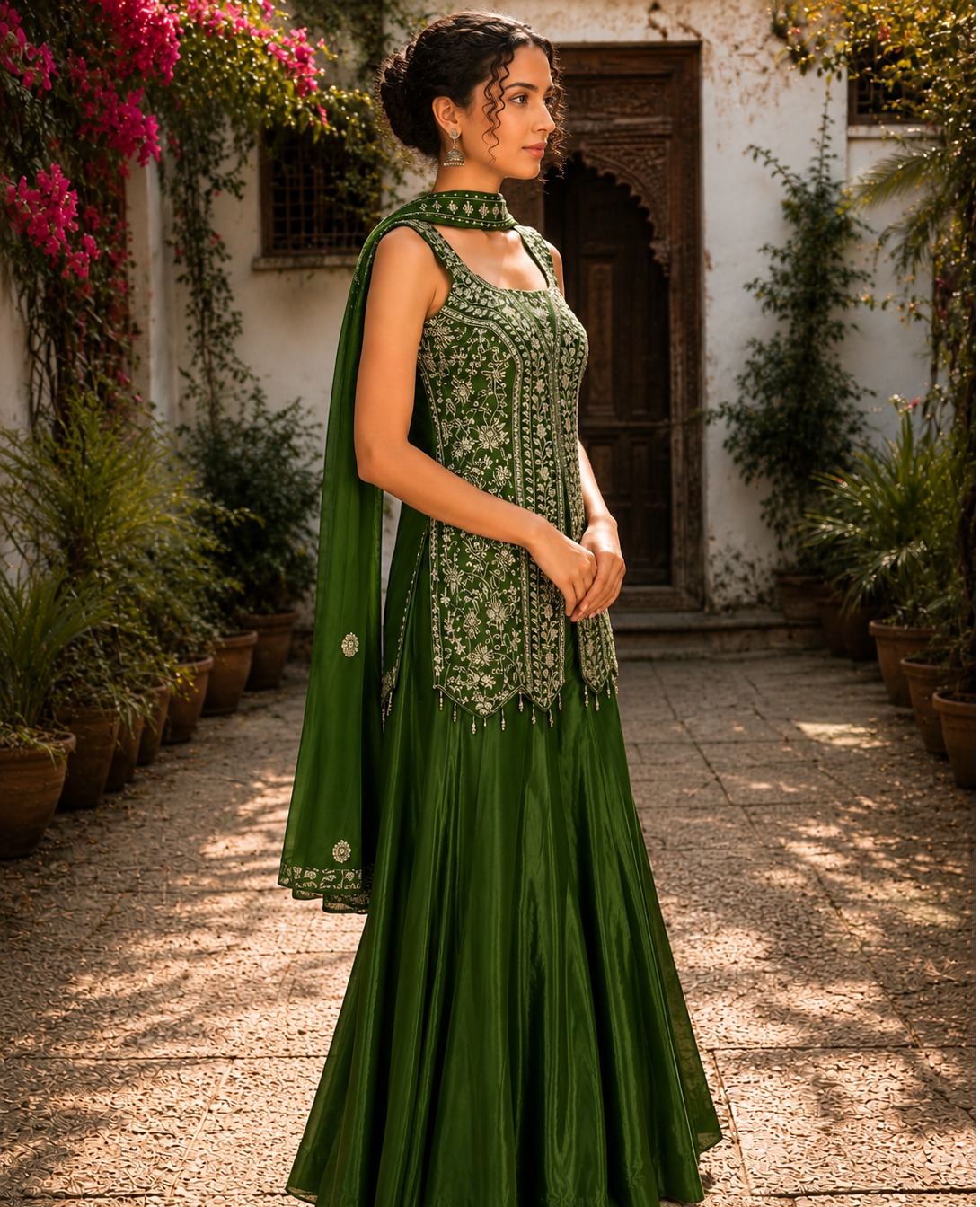 Emerald Green Embroidered Peplum Gown Set with Dupatta