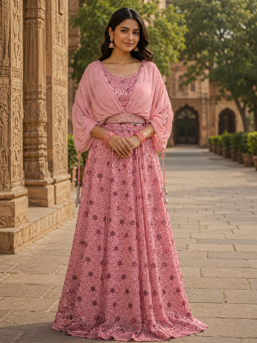Blush Pink Sequined Lehenga Set with Draped Cape Sleeves