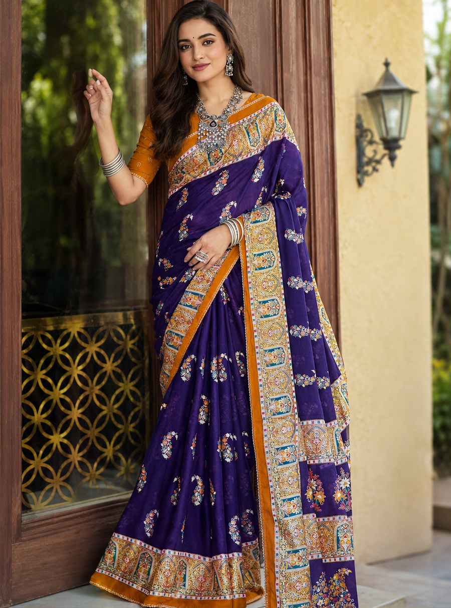 Elegant Printed Designer Saree with Traditional Floral Border & Blouse Piece