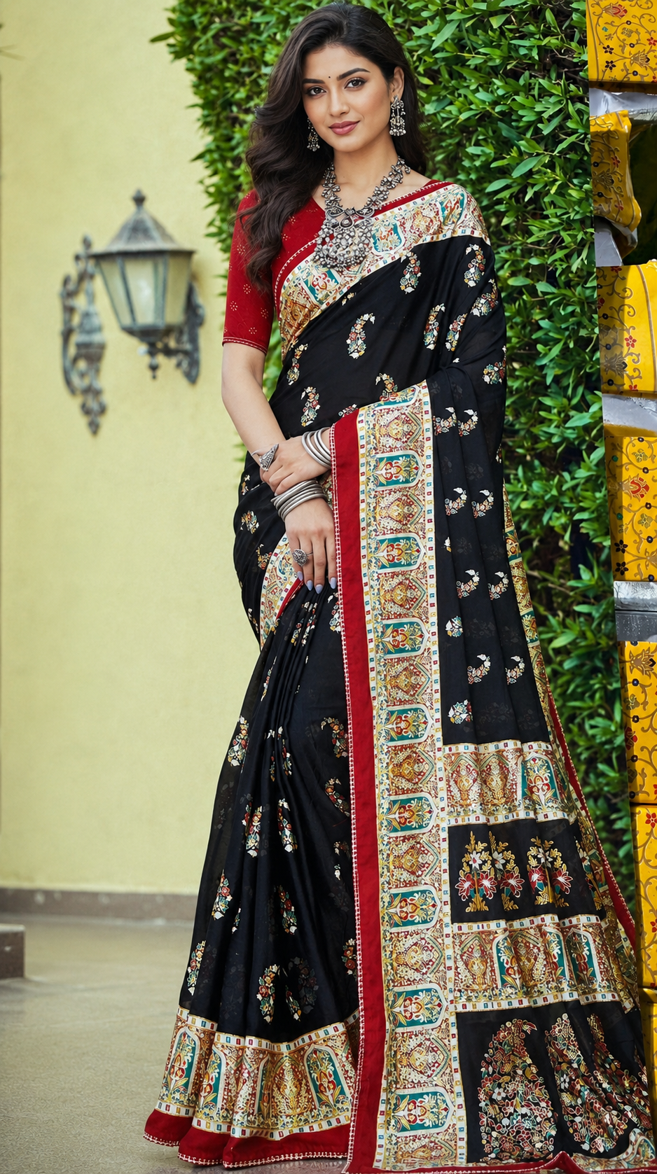 Elegant Printed Designer Saree with Traditional Floral Border & Blouse Piece