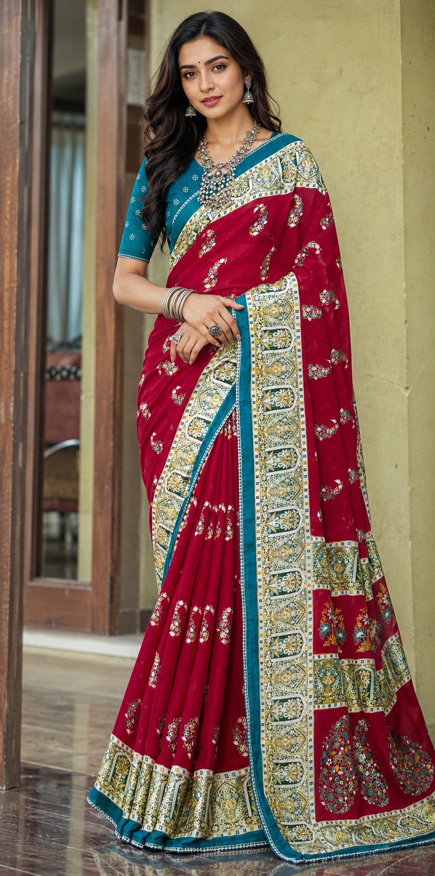 Elegant Printed Designer Saree with Traditional Floral Border & Blouse Piece