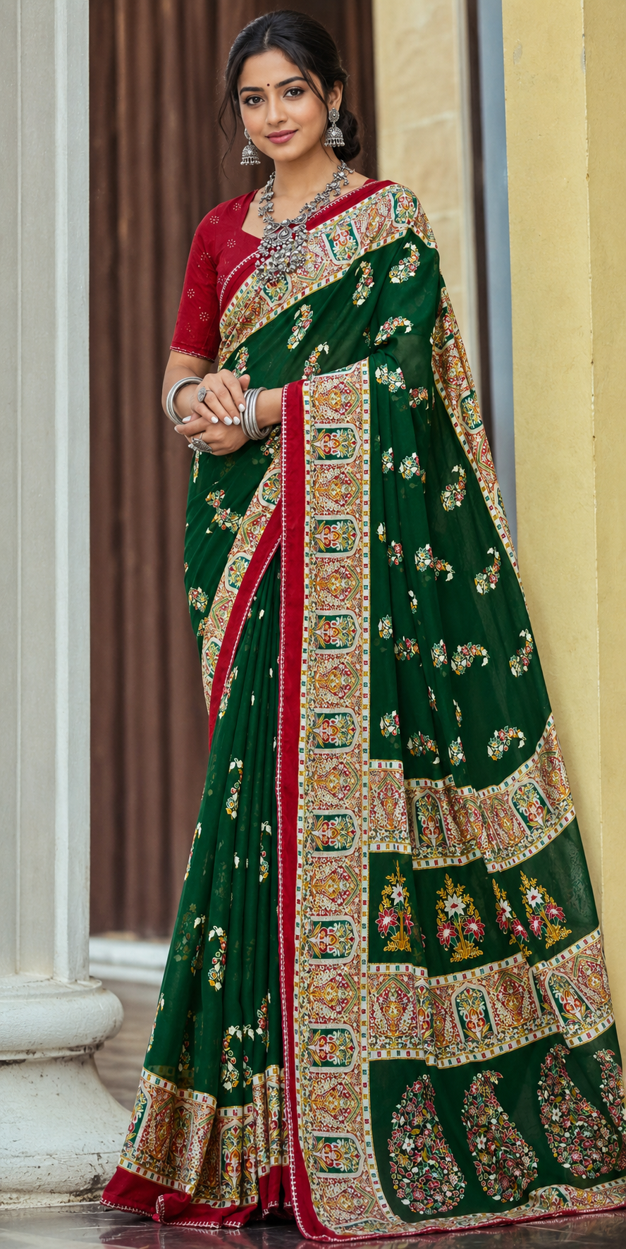 Elegant Printed Designer Saree with Traditional Floral Border & Blouse Piece