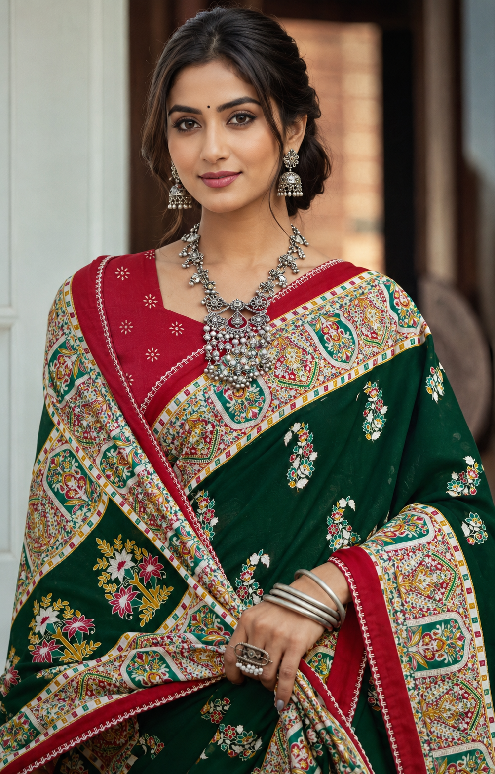 Elegant Printed Designer Saree with Traditional Floral Border & Blouse Piece