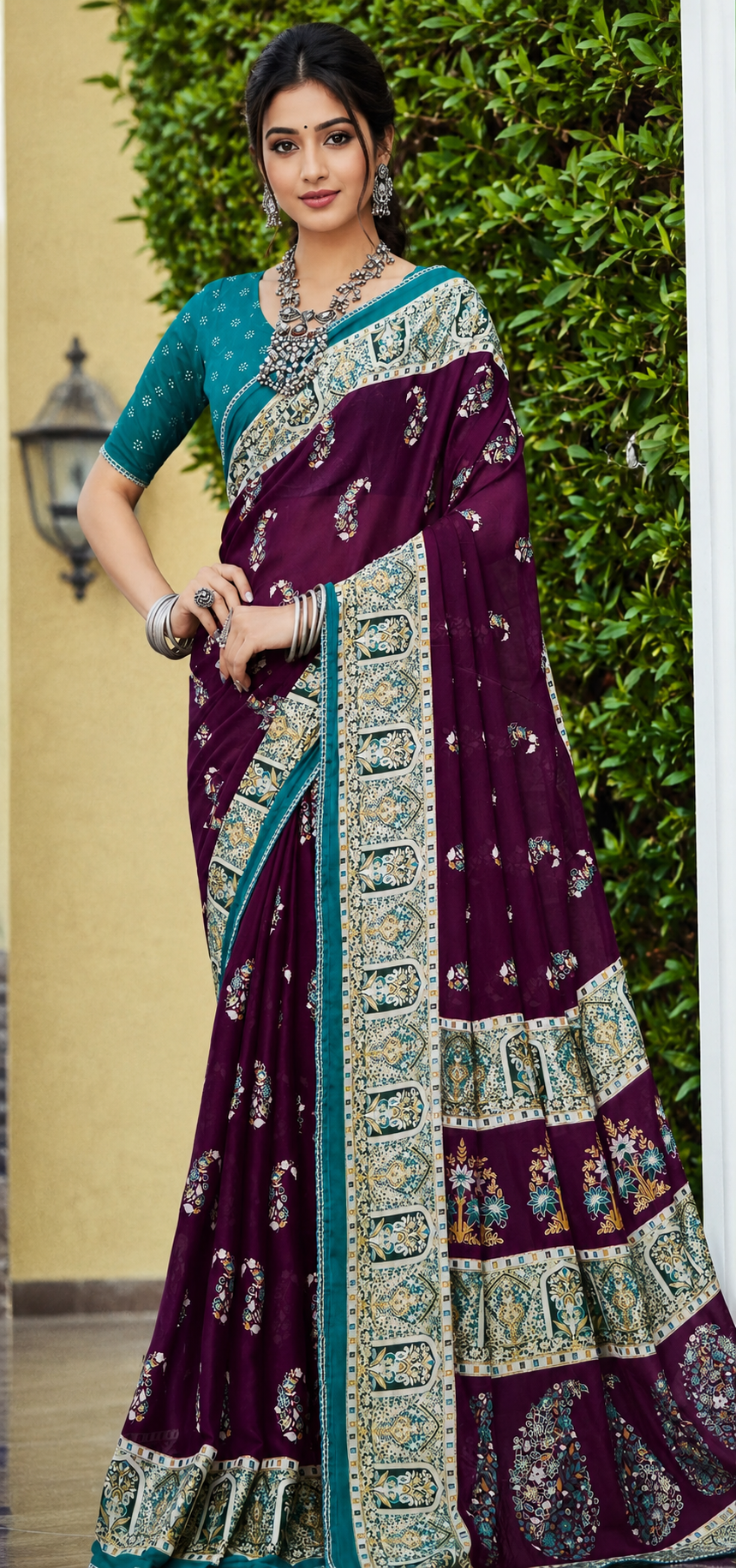 Elegant Printed Designer Saree with Traditional Floral Border & Blouse Piece