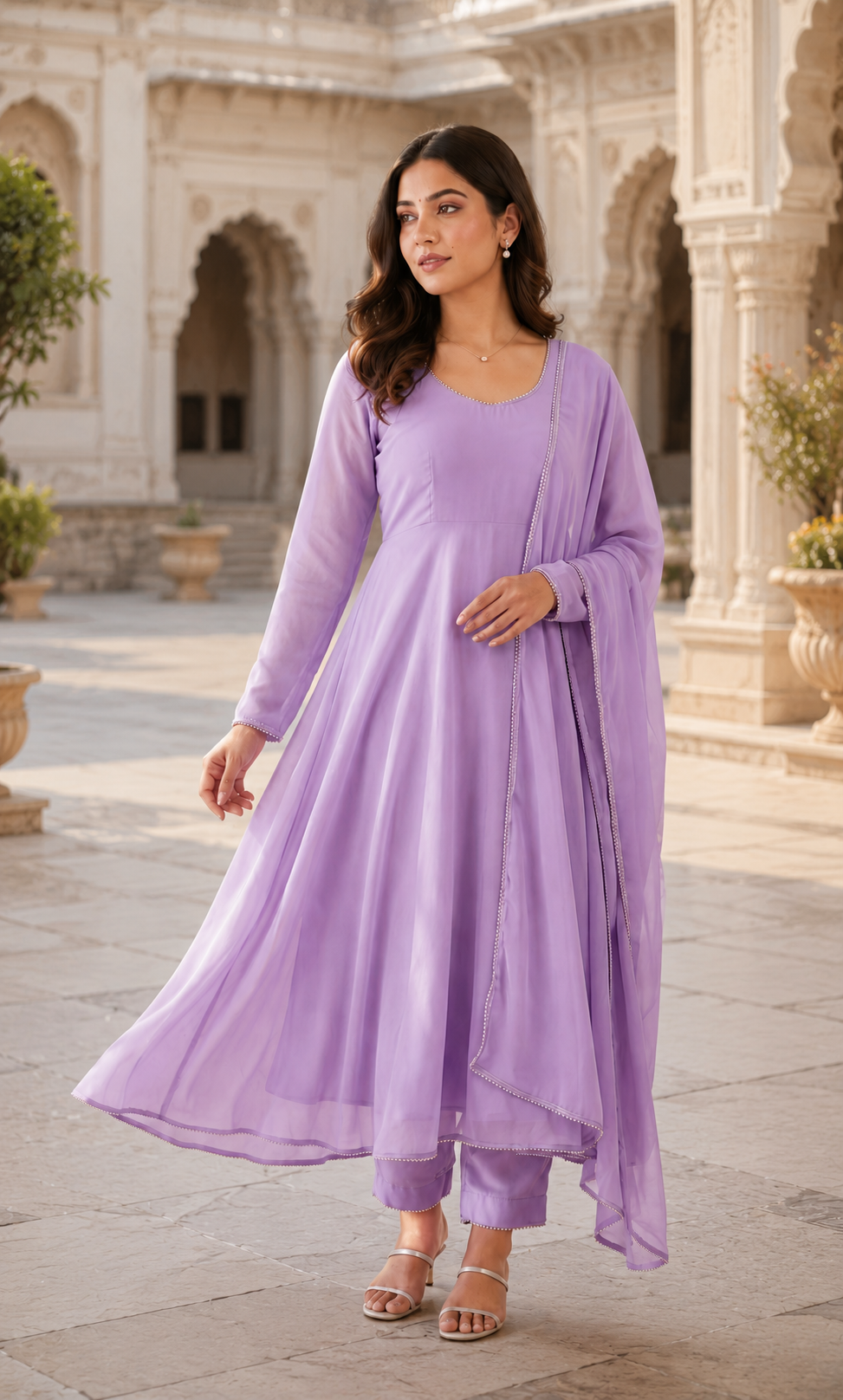 Georgette Anarkali Suit Set with Lace-Up Back & Sheer Dupatta