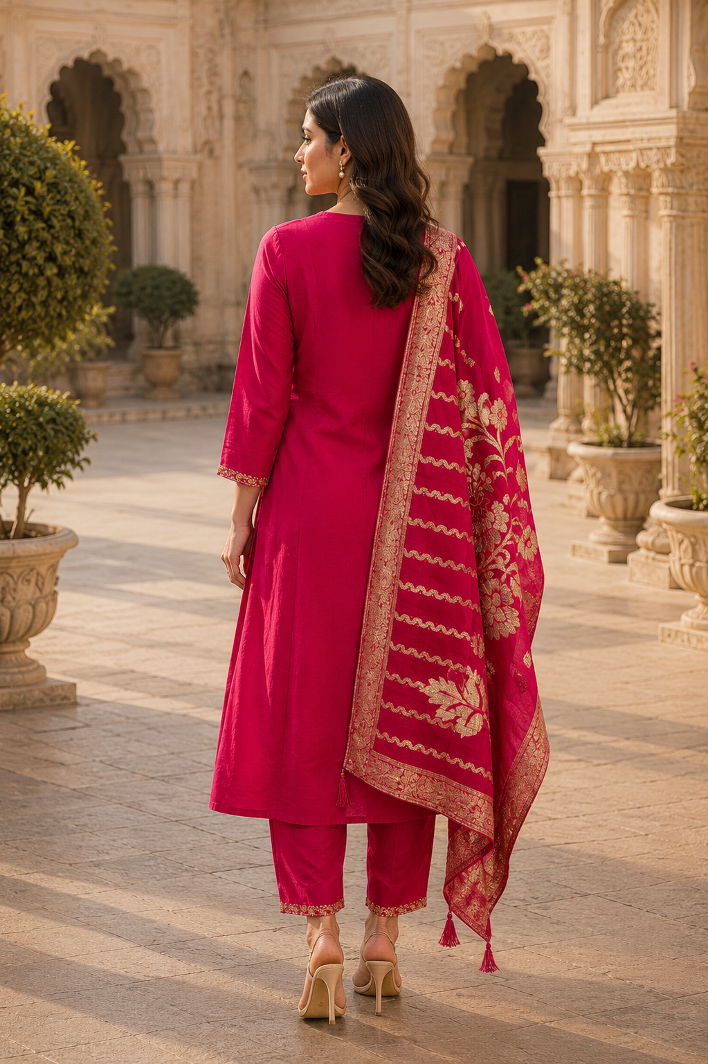 Pink Silk Blend Straight Kurta Set with Gold Floral Embroidery