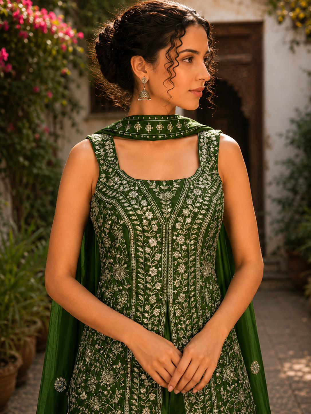 Emerald Green Embroidered Peplum Gown Set with Dupatta