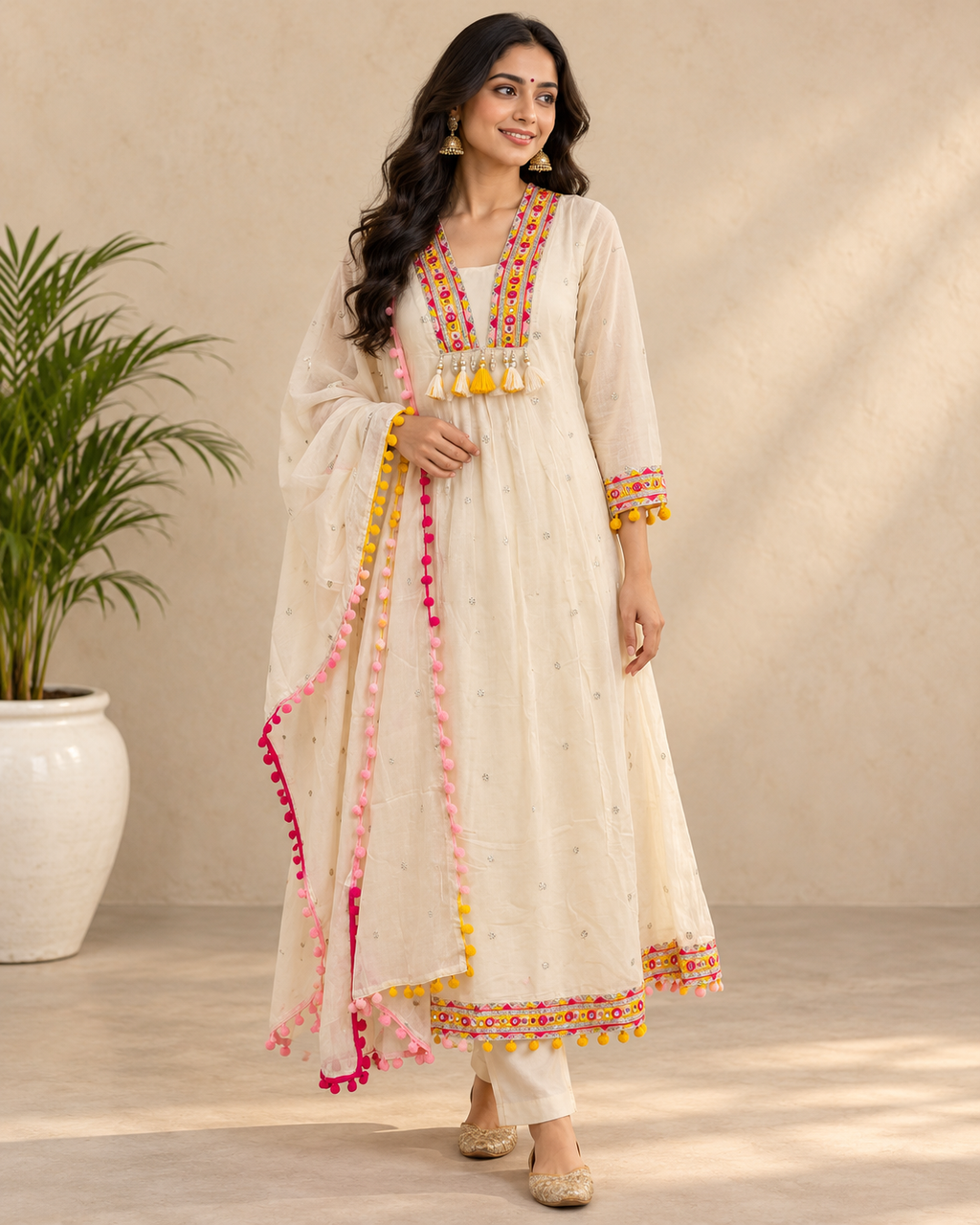 Kaasho Off-White Pom-Pom Anarkali Kurta Set with Designer Dupatta