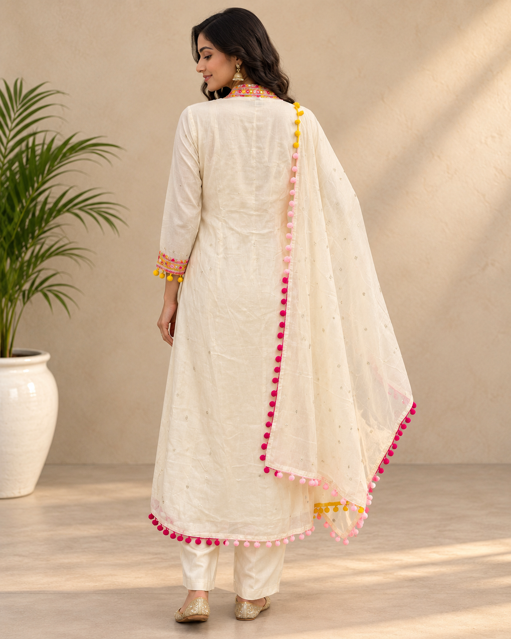 Kaasho Off-White Pom-Pom Anarkali Kurta Set with Designer Dupatta
