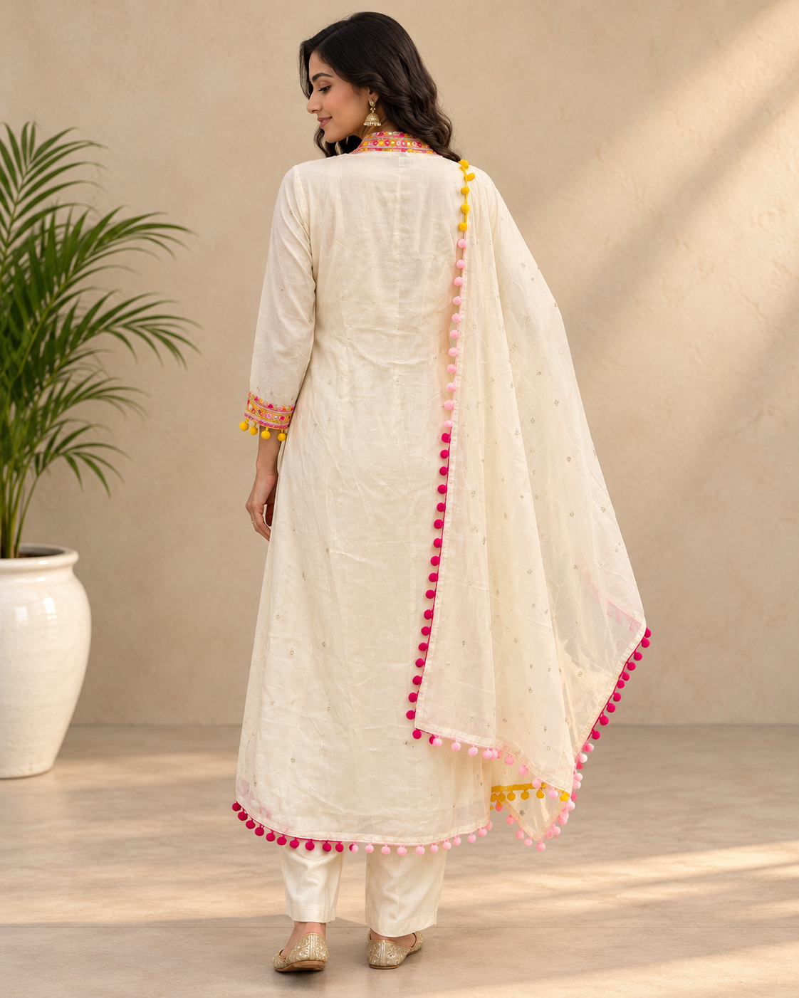 Kaasho Off-White Pom-Pom Anarkali Kurta Set with Designer Dupatta