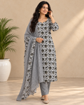 Kaasho White & Grey Floral Print Cotton Afghani Suit Set