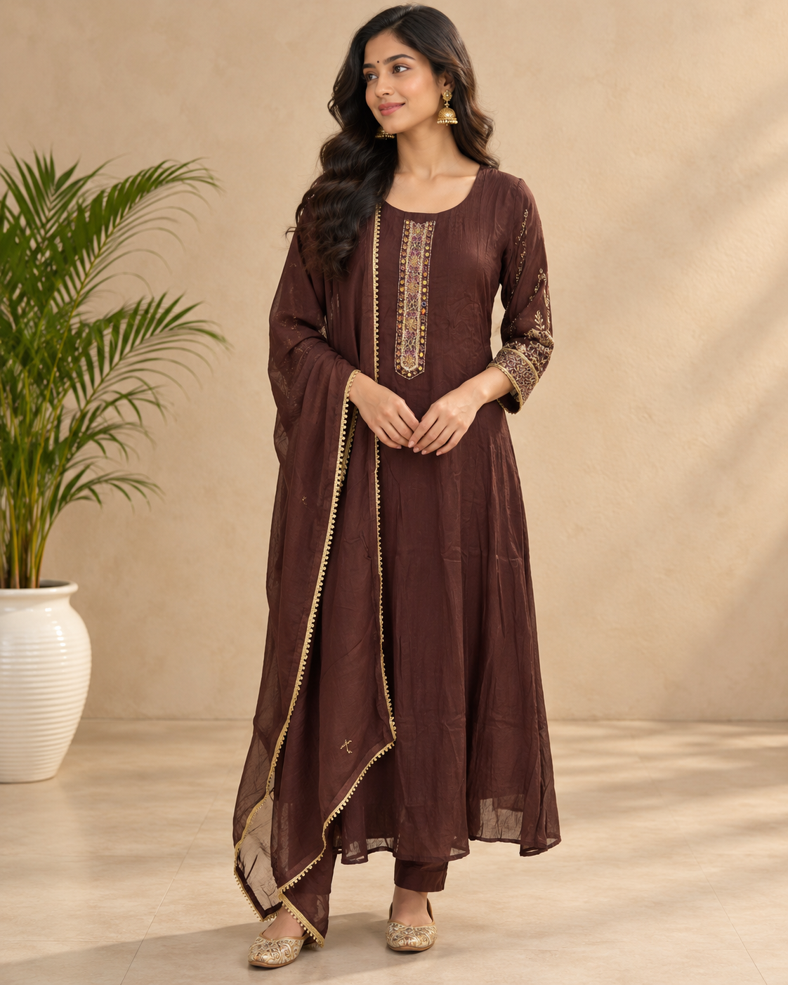Coffee Brown Designer Anarkali Set with Afghani Pant