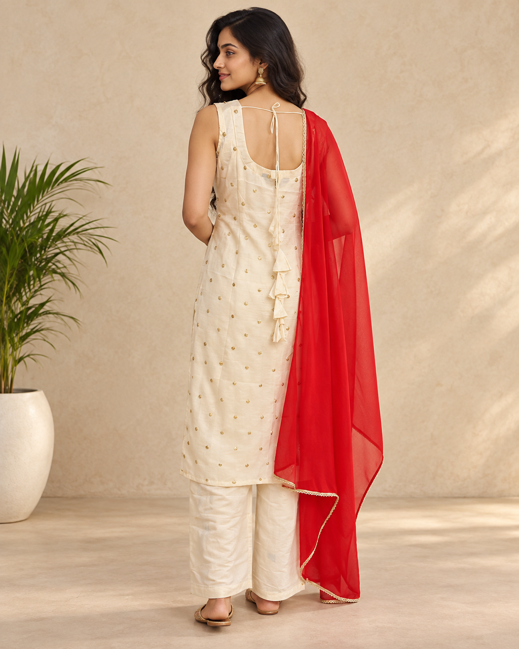 Kaasho Off-White Tissue Sequin Work Kurta Set with Red Dupatta