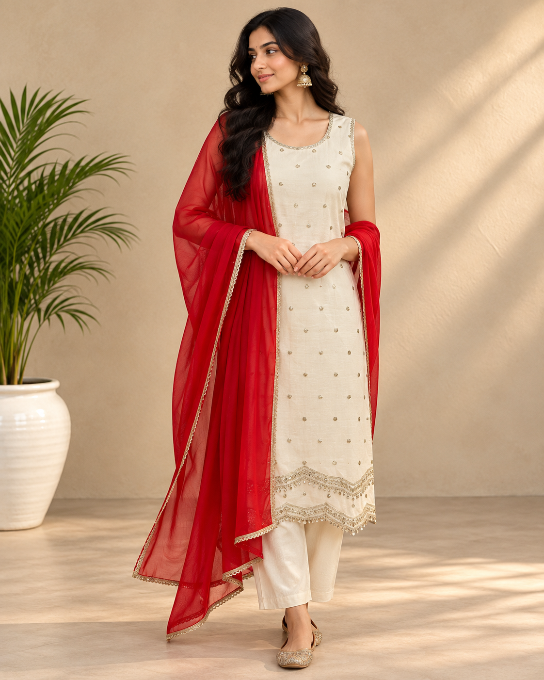 Kaasho Off-White Tissue Sequin Work Kurta Set with Red Dupatta