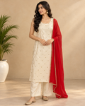 Kaasho Off-White Tissue Sequin Work Kurta Set with Red Dupatta