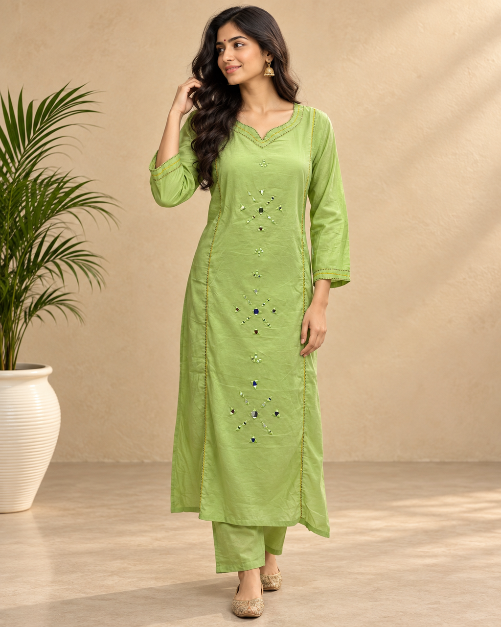 Kaasho Parrot Green Mirror Work Cotton Set