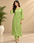 Kaasho Parrot Green Mirror Work Cotton Set