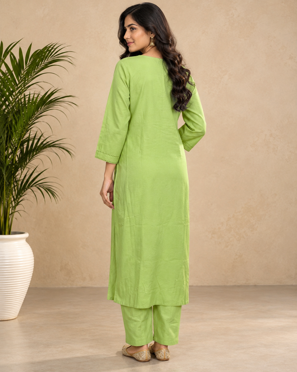 Kaasho Parrot Green Mirror Work Cotton Set