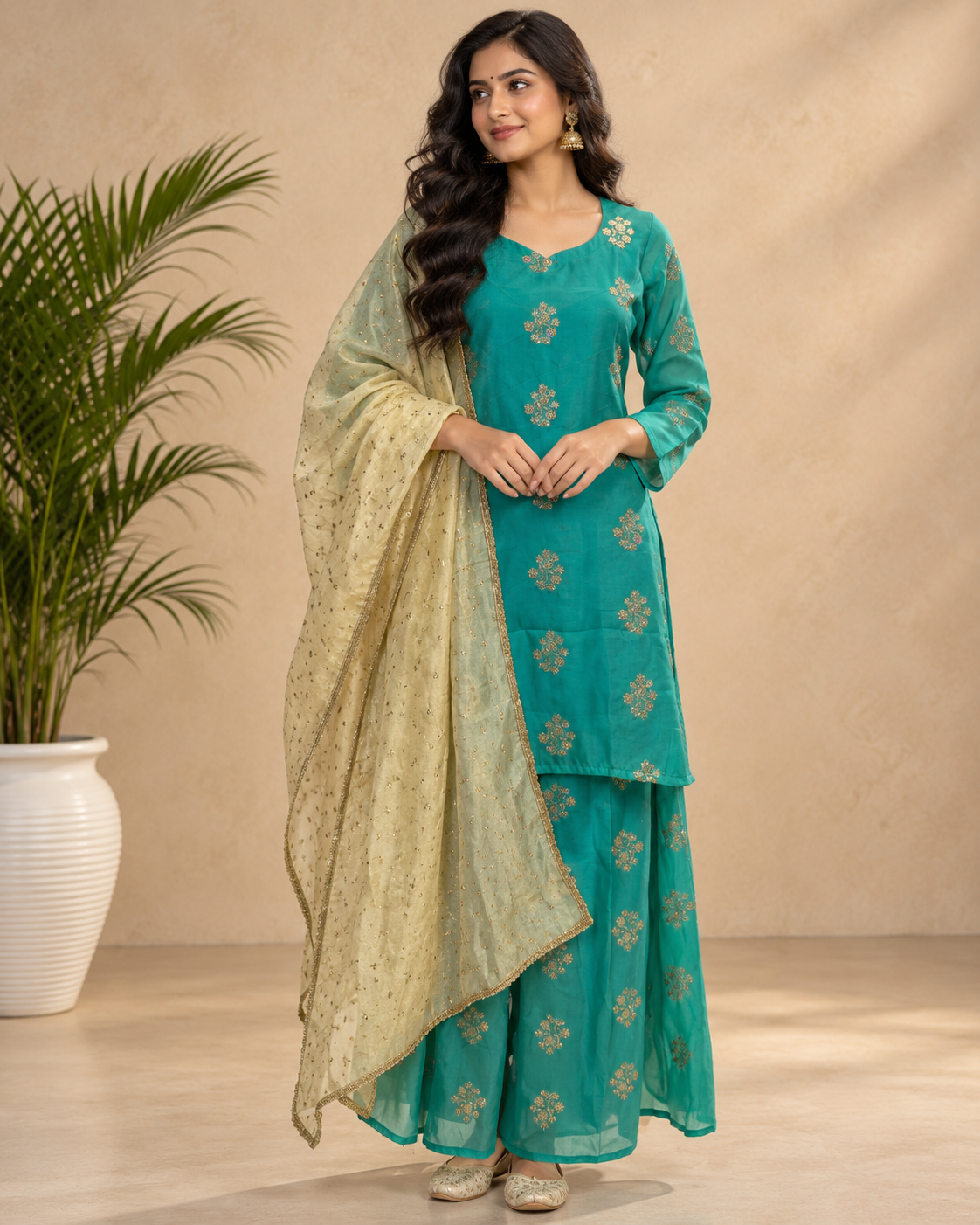 Kaasho firazi Green Banarasi Buti Sharara Set with Tissue Dupatta