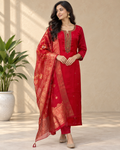 Kaasho Red Banarasi Silk Kurta Set with Organza Dupatta