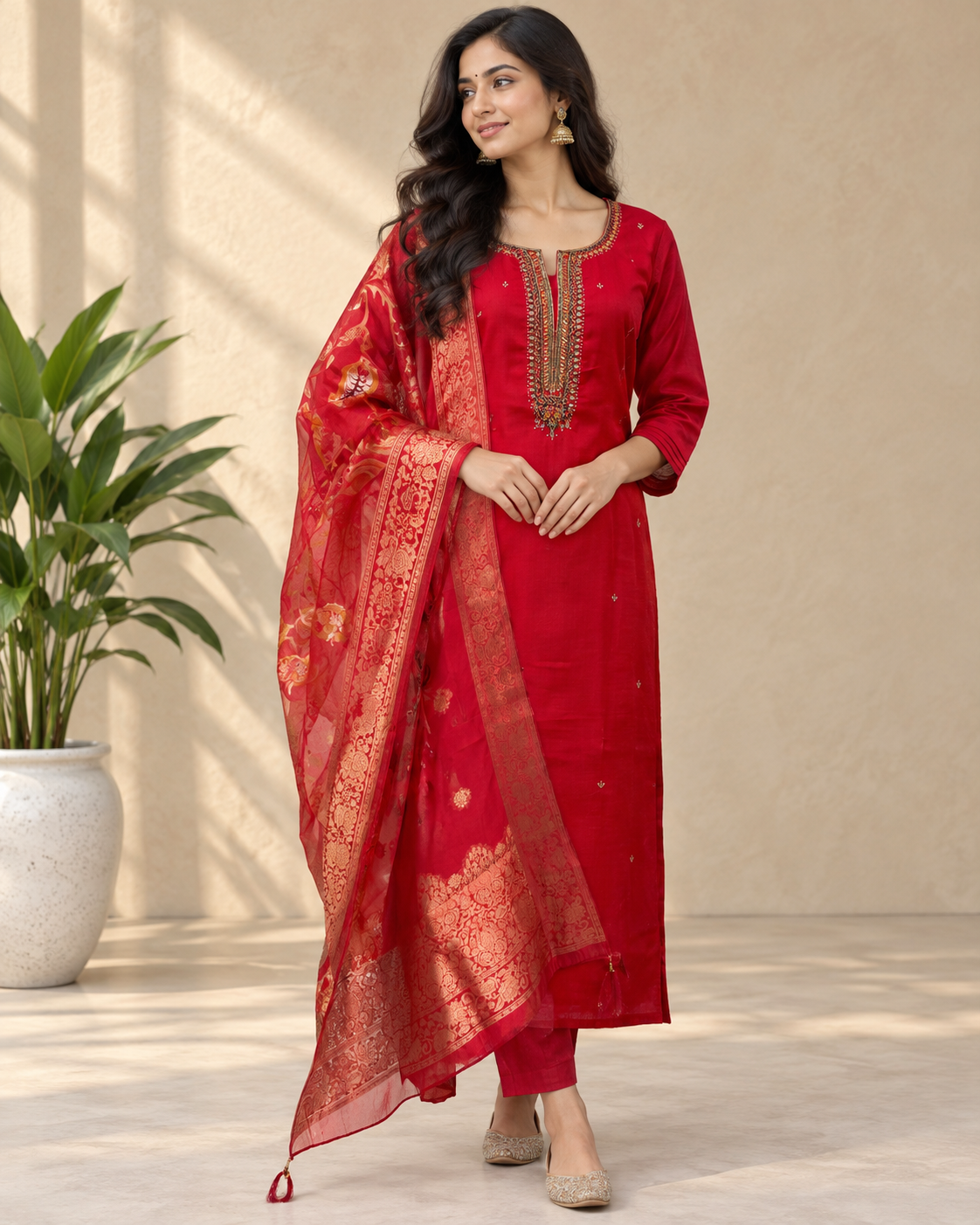 Kaasho Red Banarasi Silk Kurta Set with Organza Dupatta