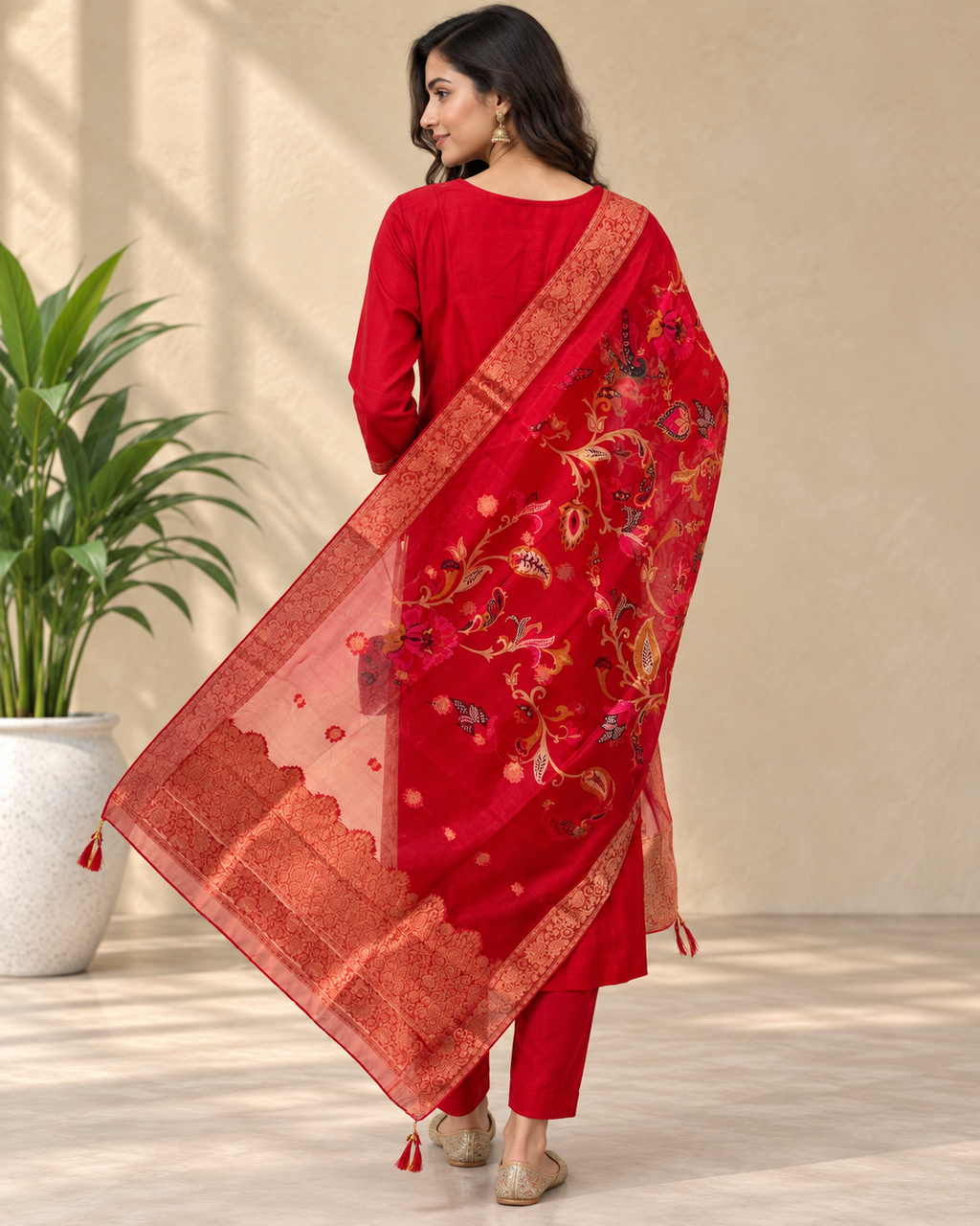 Kaasho Red Banarasi Silk Kurta Set with Organza Dupatta