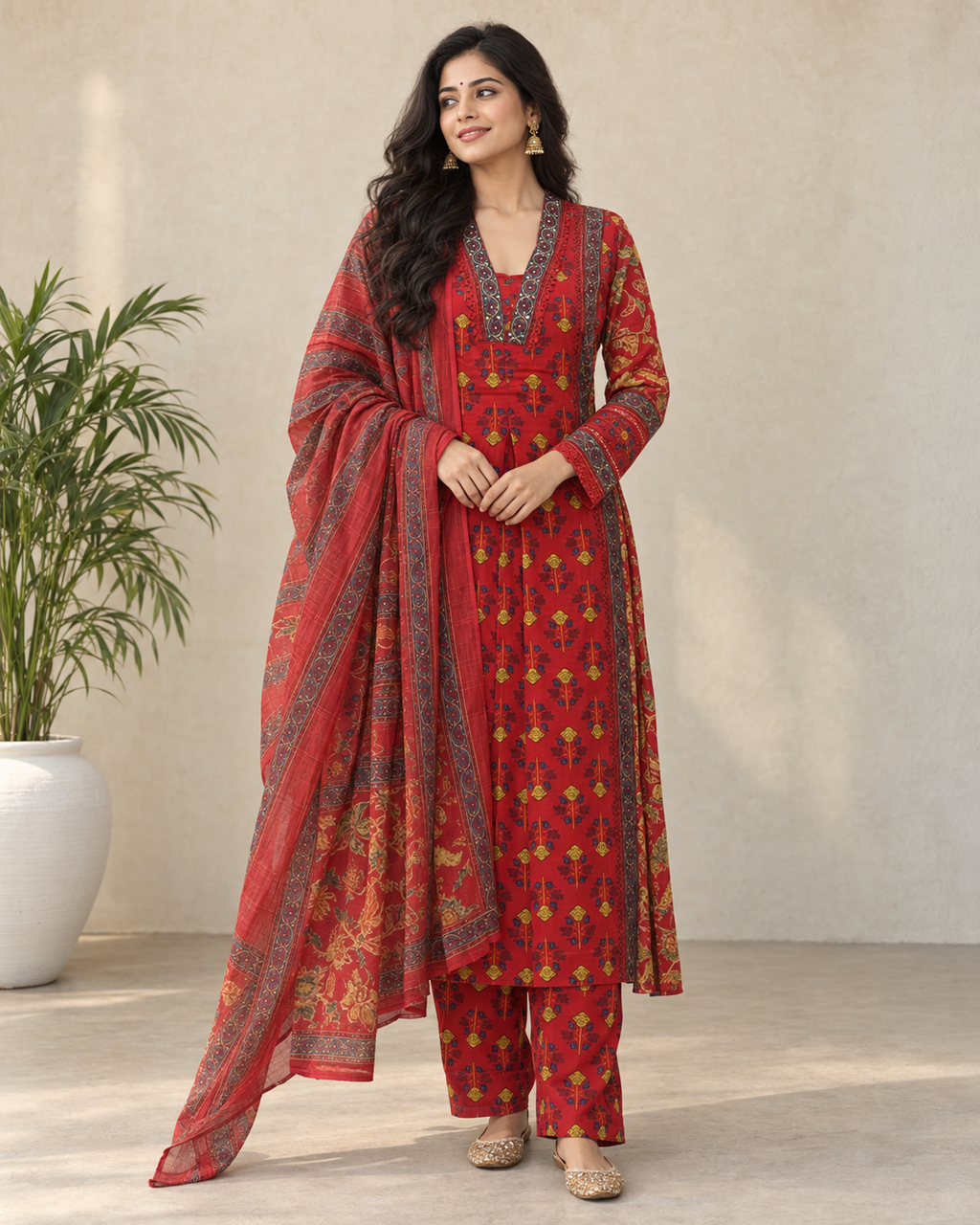Kaasho Red Floral Block Print Afghani Suit Set with Mirror Work