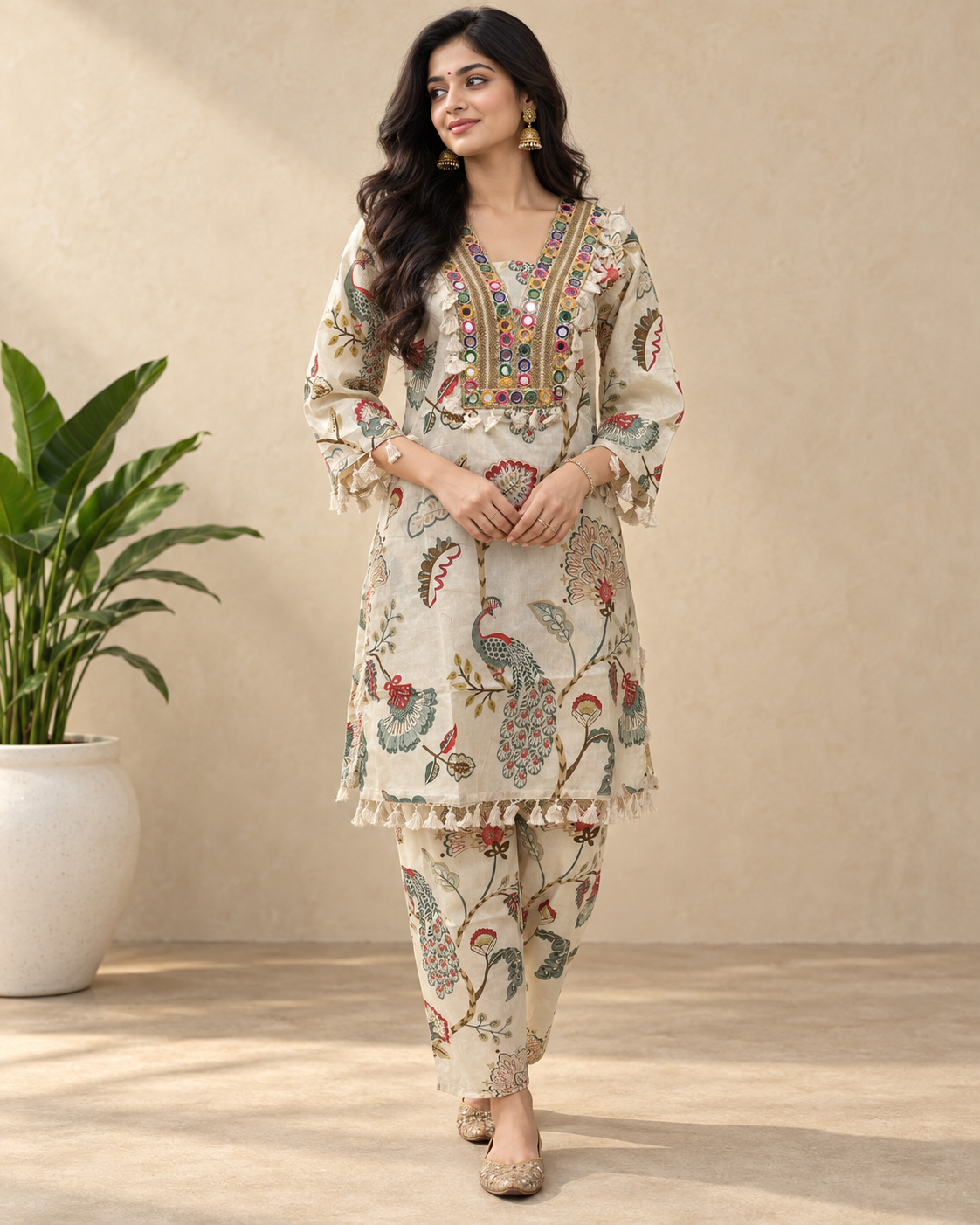 Kaasho Off-White Peacock Digital Print Afghani Co-ord Set