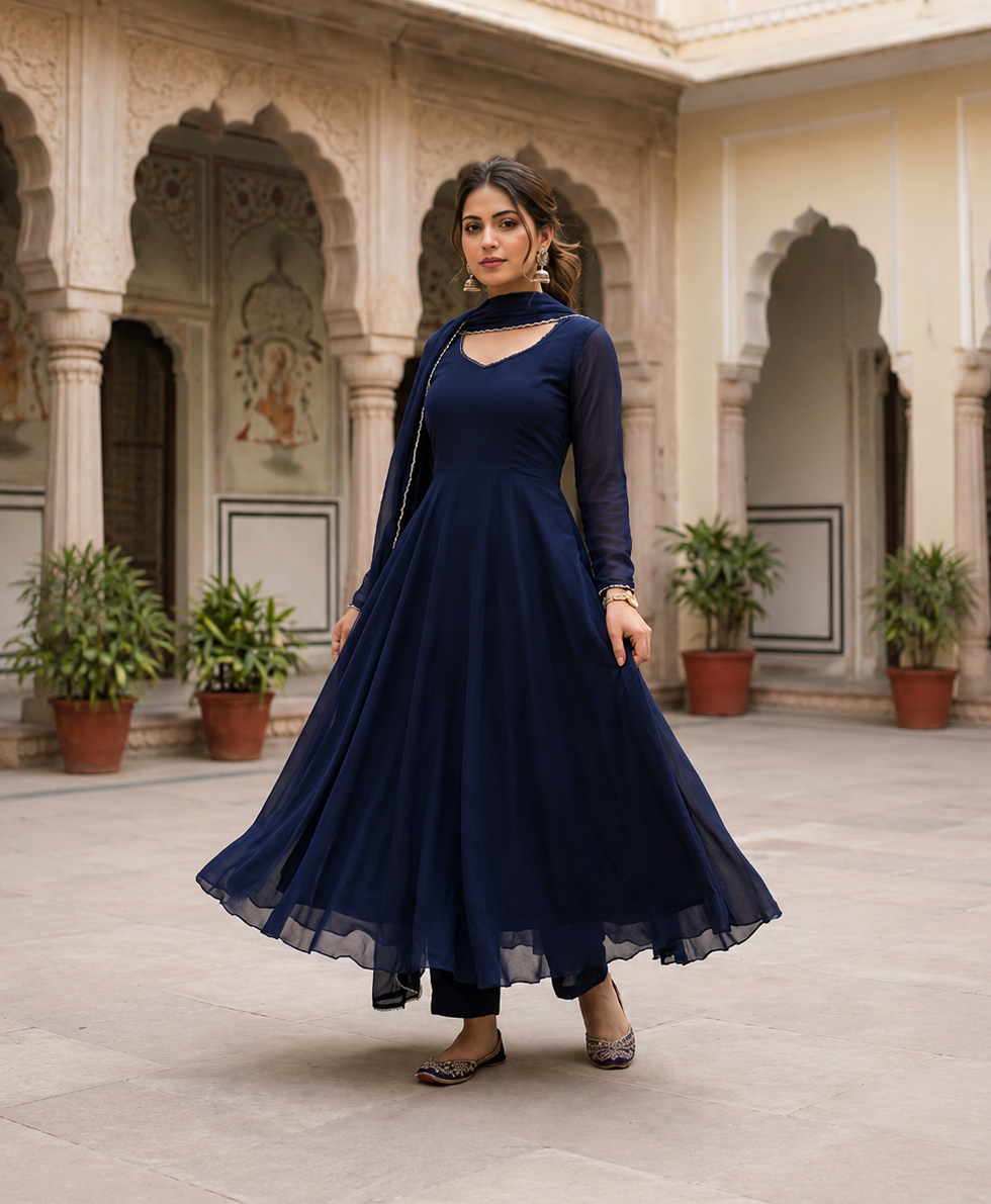 Georgette Anarkali Suit Set with Lace-Up Back & Sheer Dupatta