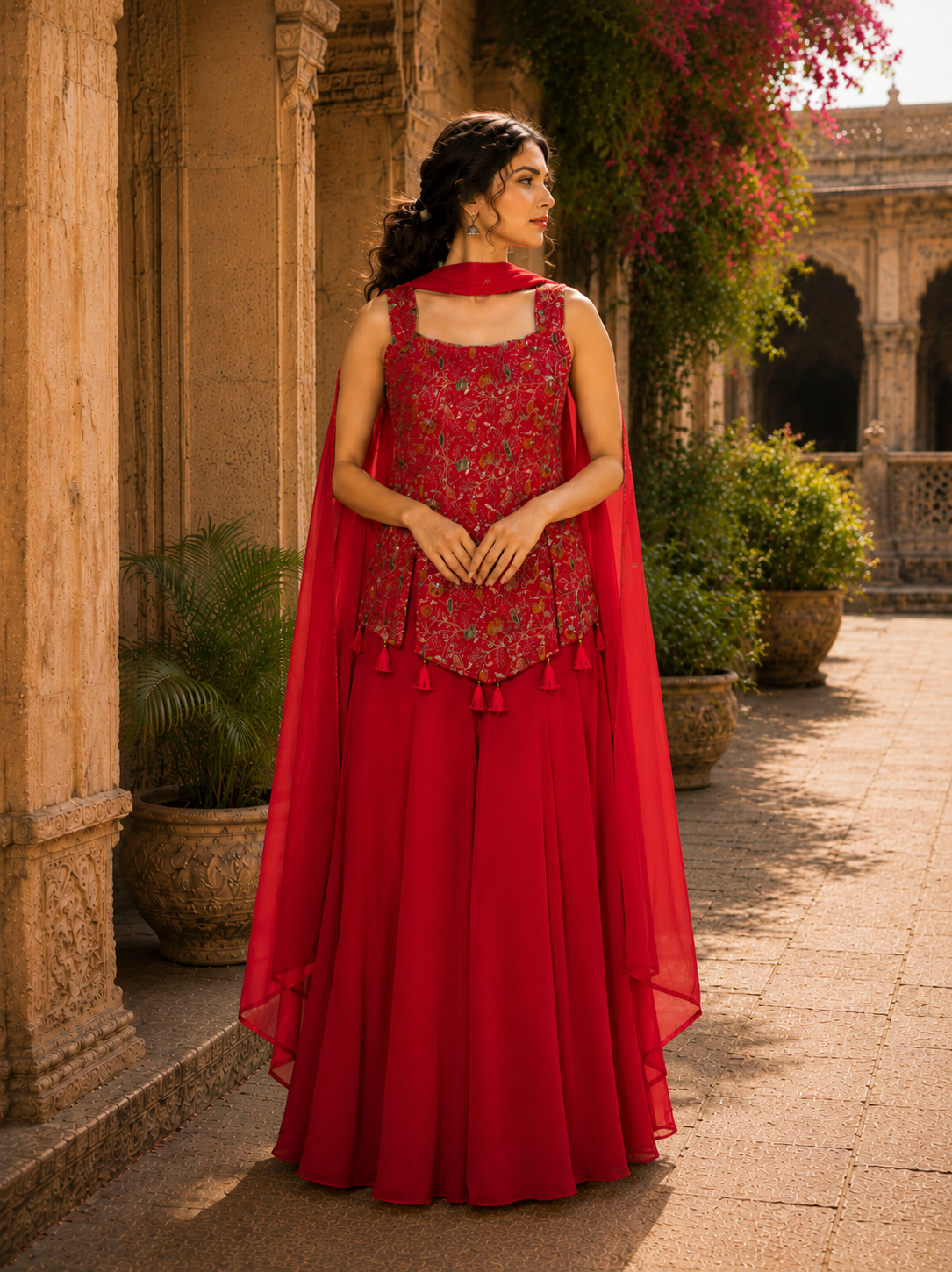 Crimson Bloom Embroidered Peplum Sharara Set with Dupatta