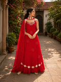 Scarlet Red Embroidered Anarkali Gown Set with Embellished Dupatta