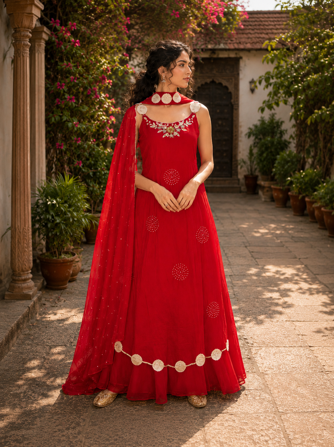 Scarlet Red Embroidered Anarkali Gown Set with Embellished Dupatta