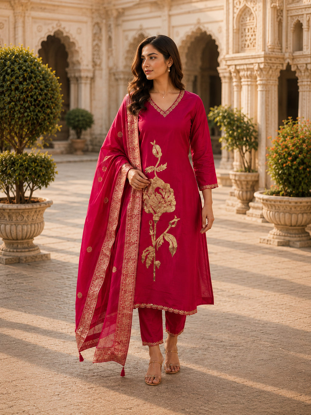 Pink Silk Blend Straight Kurta Set with Gold Floral Embroidery
