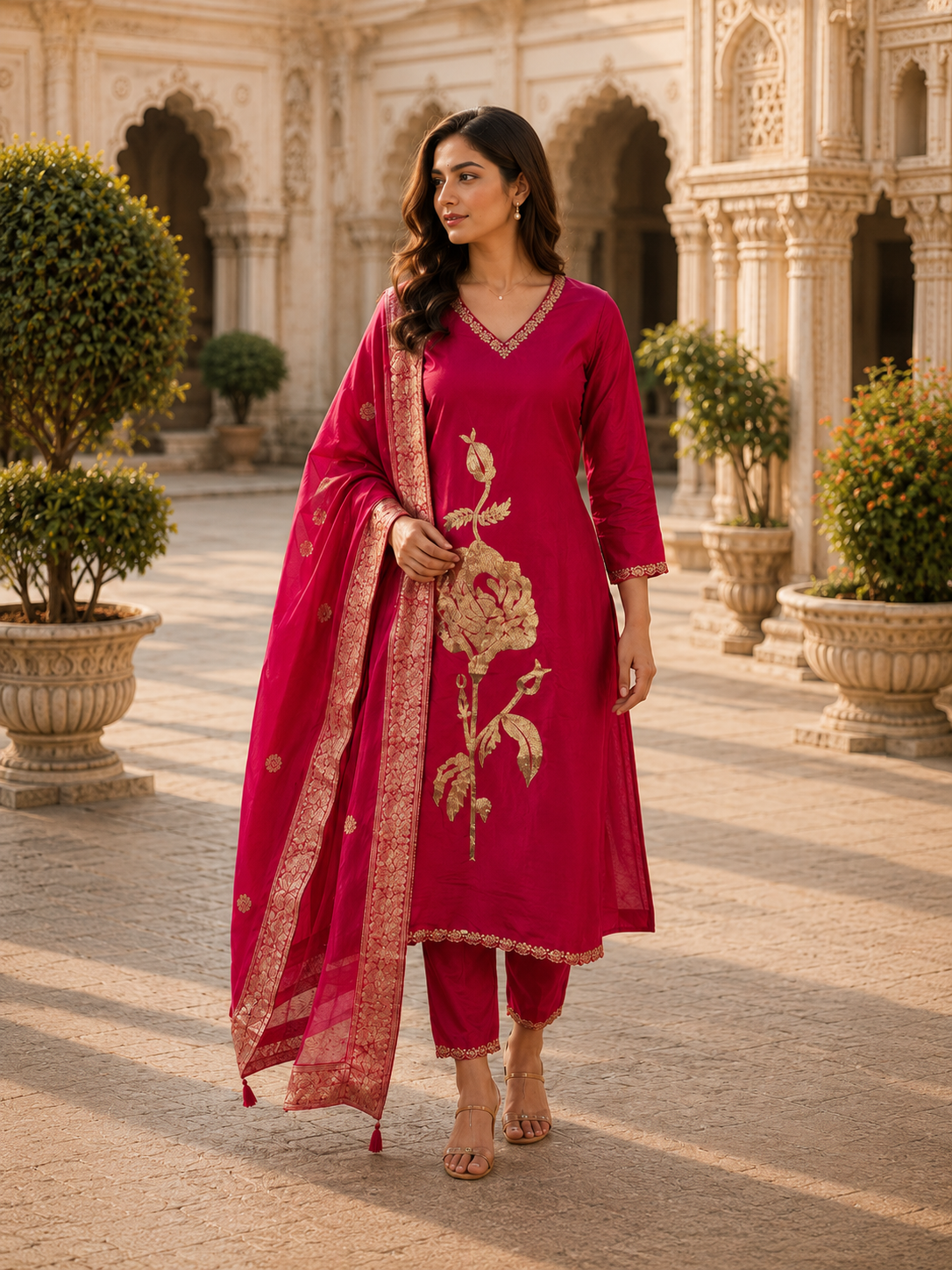 Pink Silk Blend Straight Kurta Set with Gold Floral Embroidery
