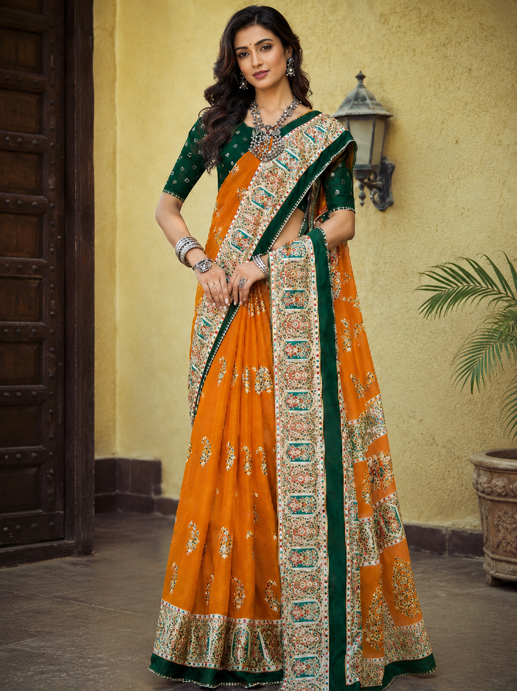 Elegant Printed Designer Saree with Traditional Floral Border & Blouse Piece