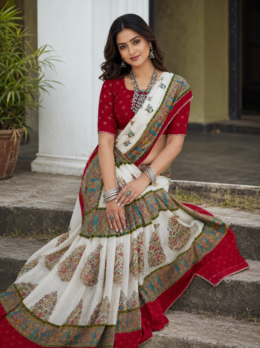 Elegant Printed Designer Saree with Traditional Floral Border & Blouse Piece