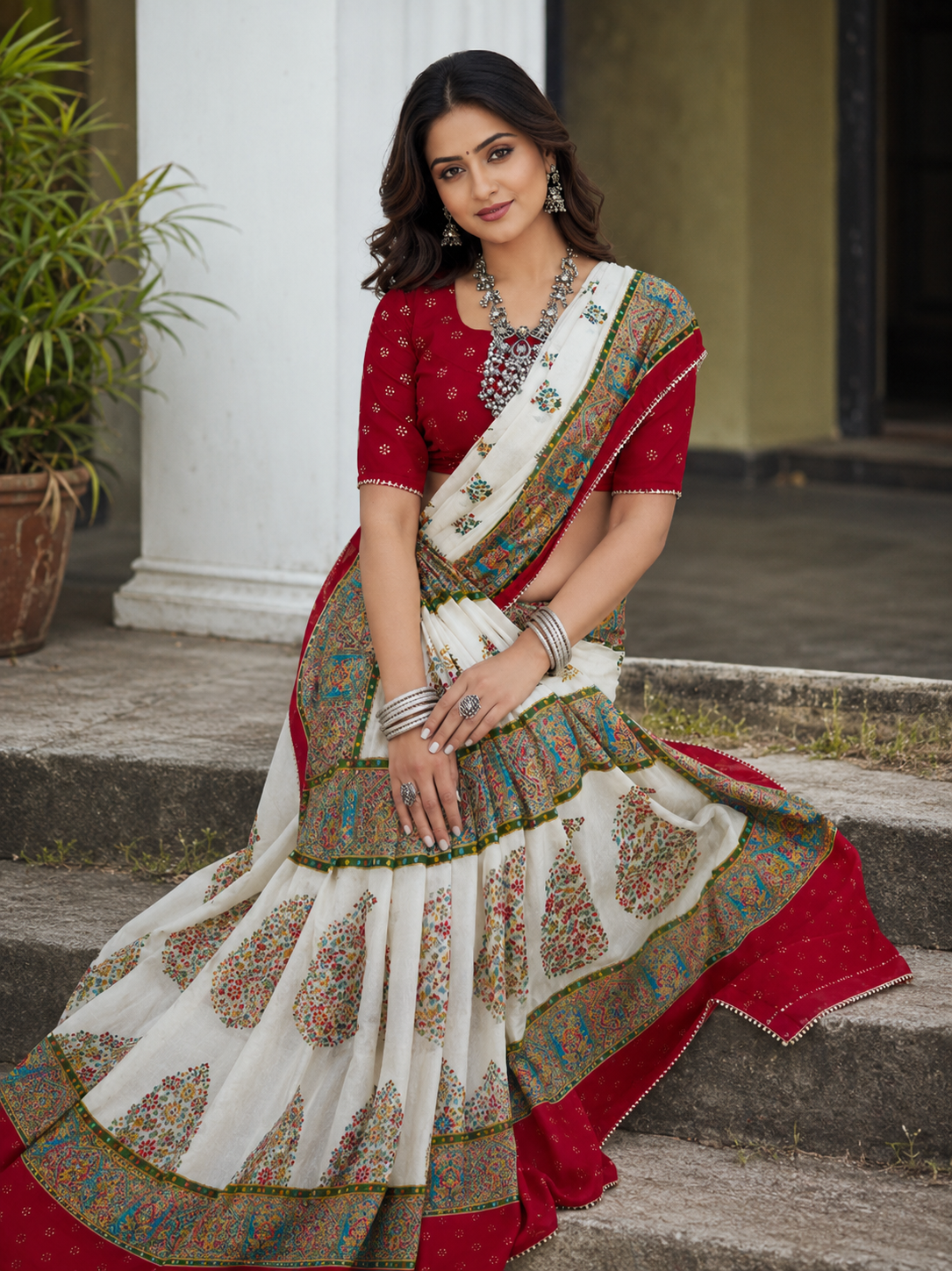 Elegant Printed Designer Saree with Traditional Floral Border & Blouse Piece