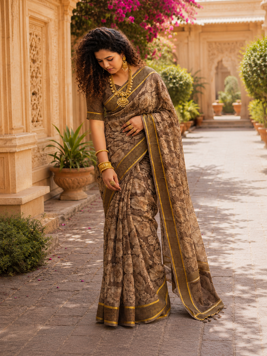 Floral Printed Soft Saree with Elegant Border & Running Blouse Piece